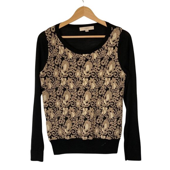 LOFT Metallic Jacquard Front Sweater – Black/Gold – SZ M - Picture 1 of 7
